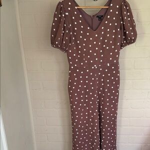 Ann Taylor jumpsuit brown Polka Dot Puff Sleeve 2 petite wide